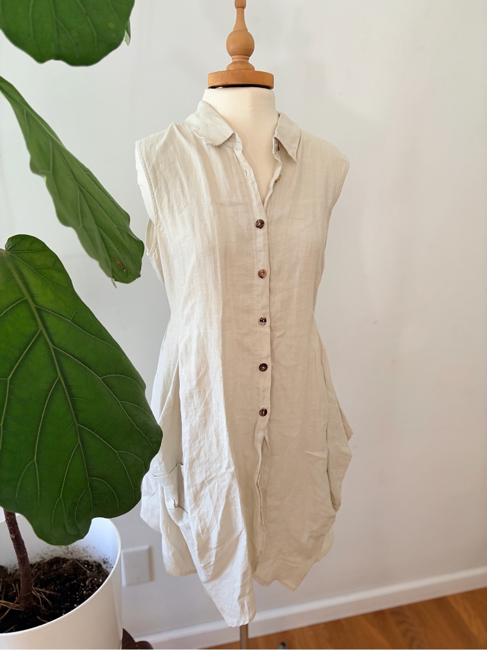 Vintage 90s Linen Tunic Top Button Front Artist Smock Lagenlook Coastal Grandma